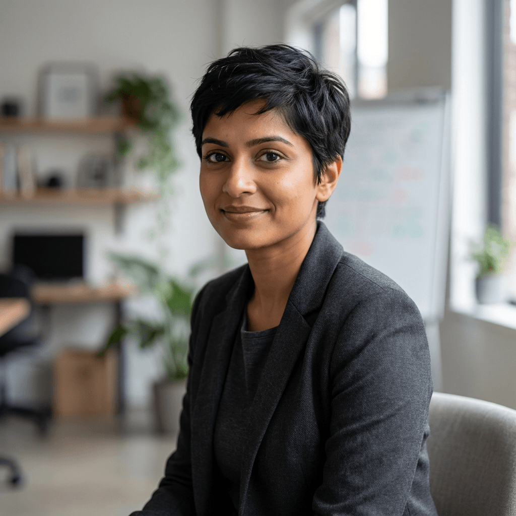 Priya S., marketing professional, in a modern office