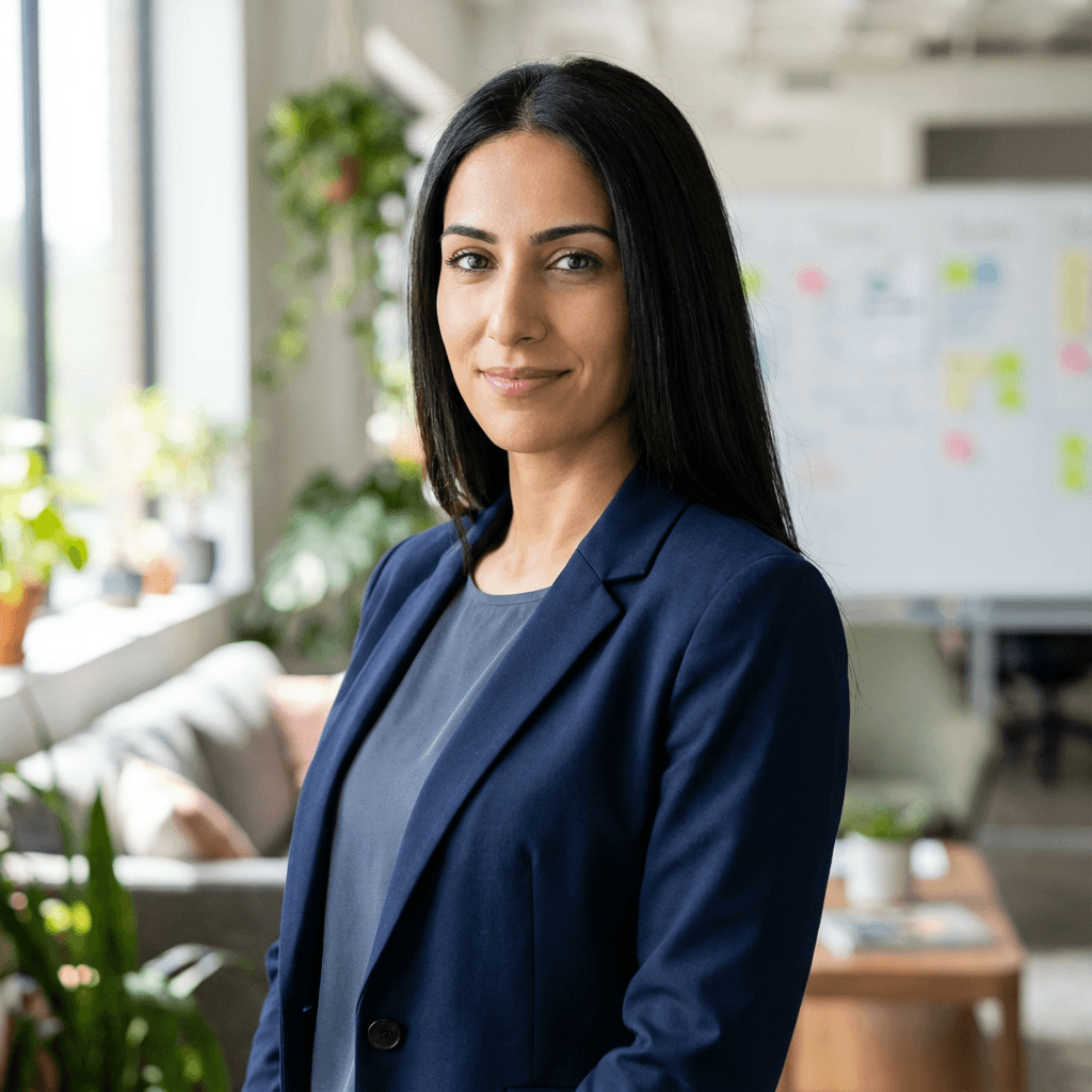 Professional woman smiling in a modern office