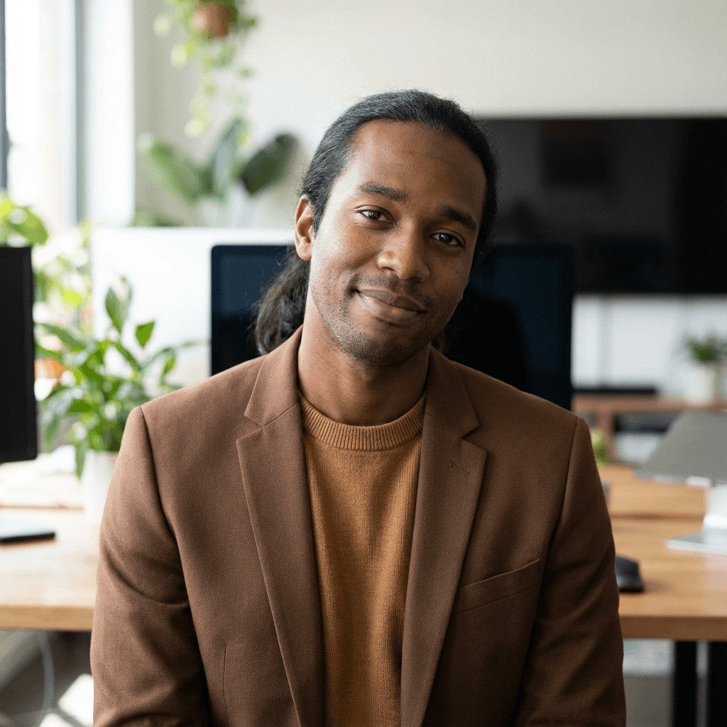 Male career advisor in his mid 30s with a thoughtful professional expression in a modern office setting