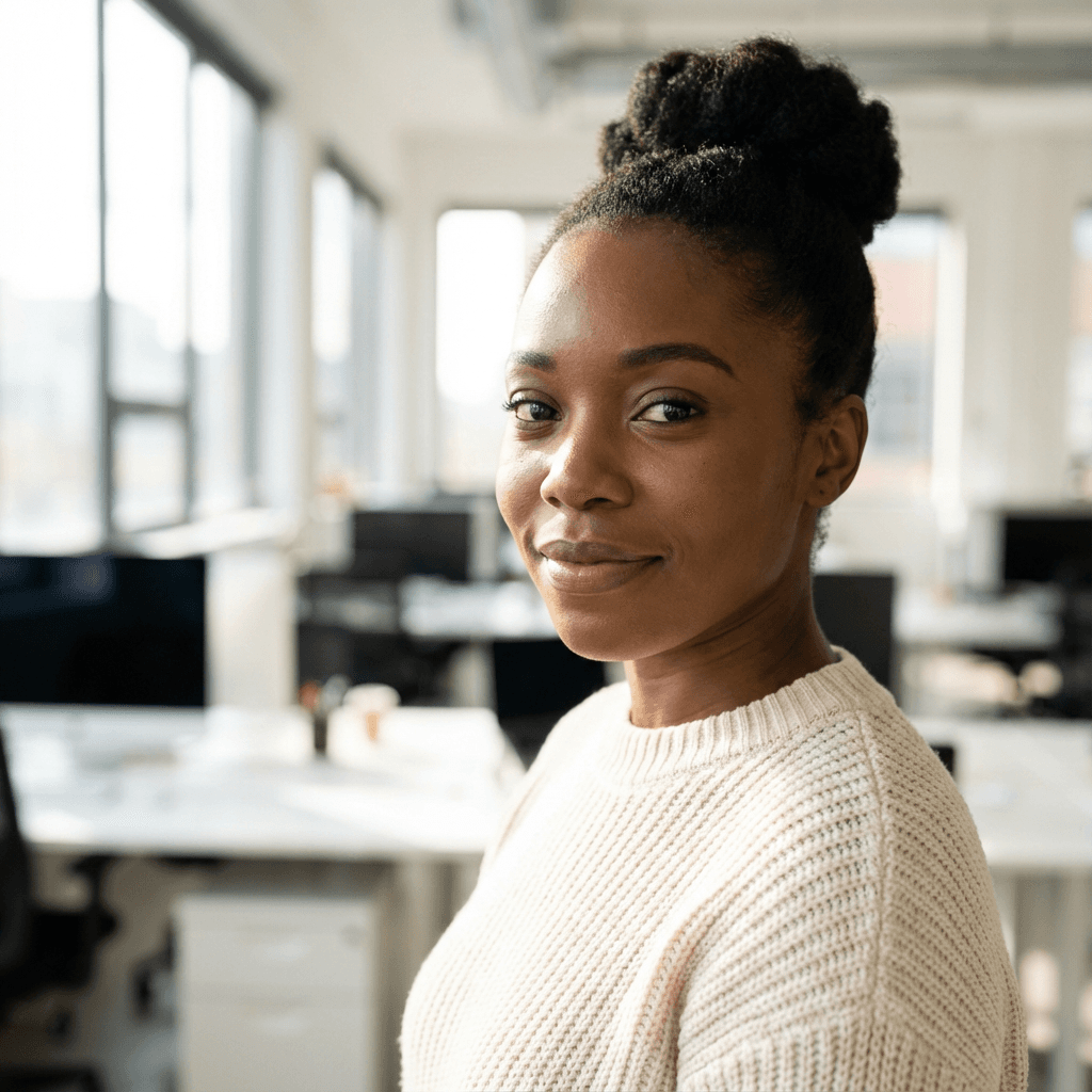 female professional in her late 20s, White, warm professional demeanor appropriate for career counseling