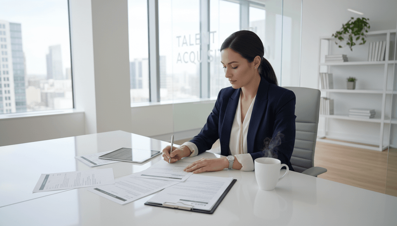 Professional woman reviewing resume documents in a bright modern office