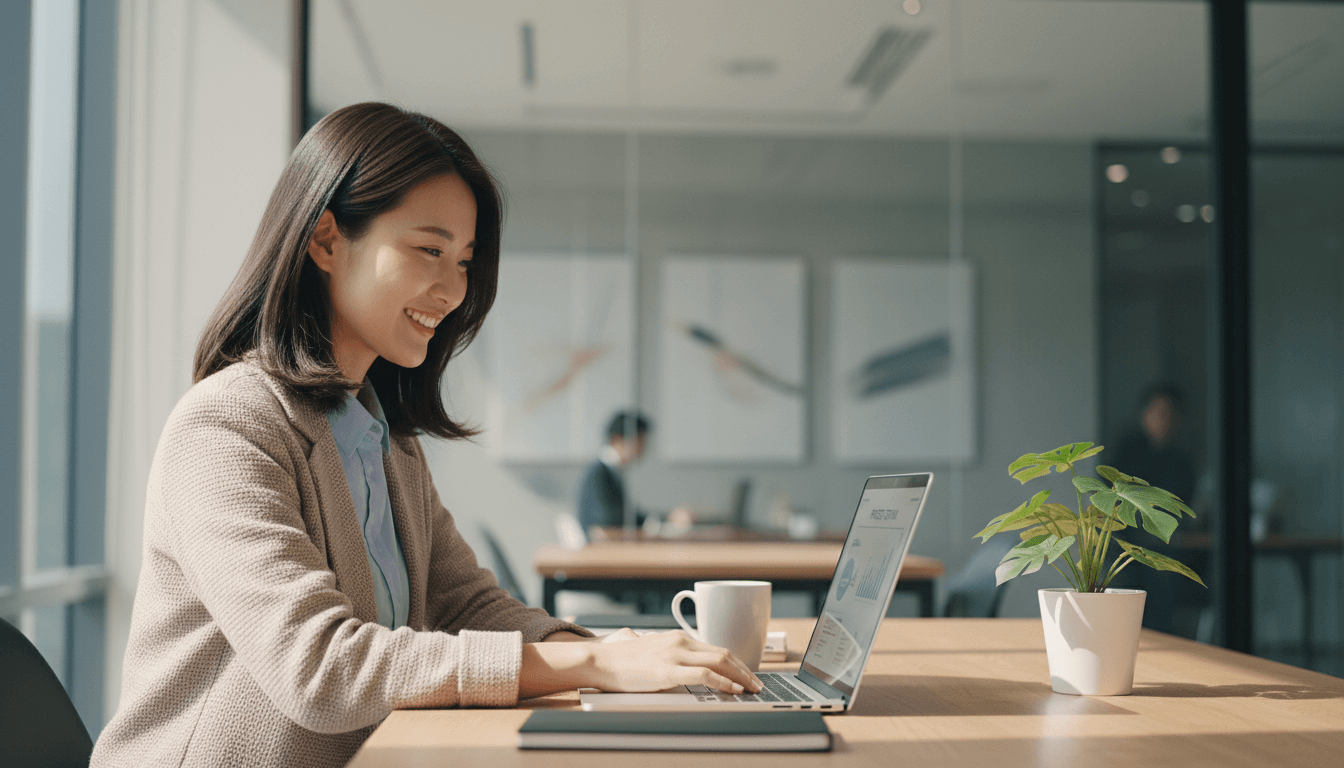 Professional woman smiling while reviewing documents at a bright modern office desk
