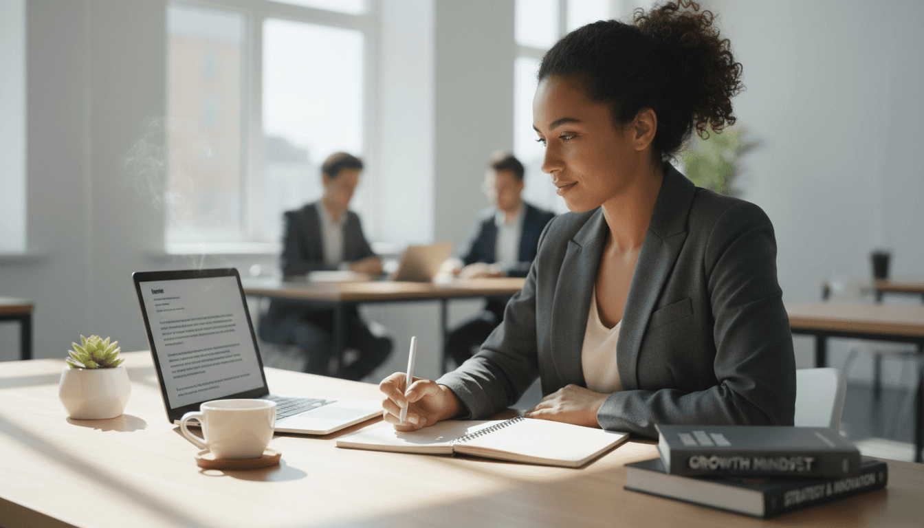 Professional reviewing career notes with a mentor in a bright modern office
