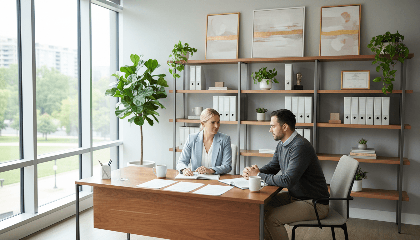 Career counselor talking with a client in a bright modern office